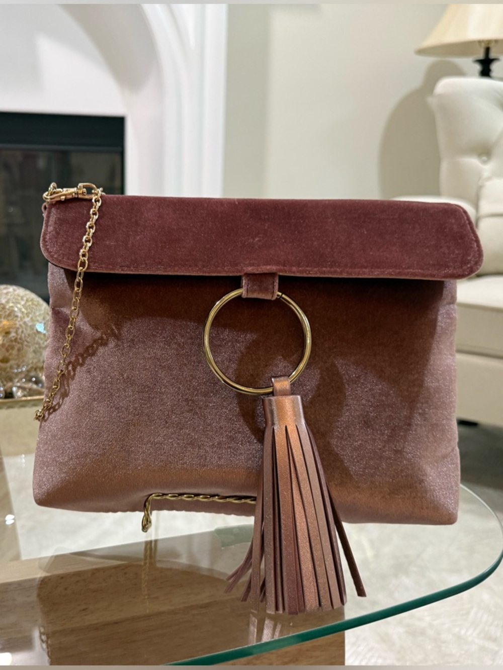 Fashion Bug Velvet Tassel Clutch in Mauve with Gold Ring - Picture 7 of 7